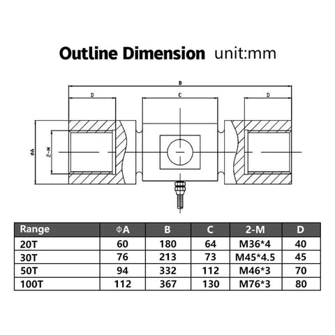 Technical diagram of 6-Axis Load Cell 1000Kg Stainless Steel Force Sensor For Weighing, including dimensions and specifications.