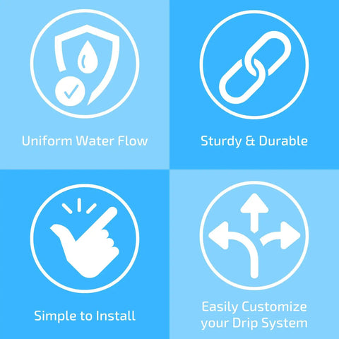 Icons illustrating features of Drip Irrigation Tubing With Built In Emitters One Quarter Inch 100 Ft Roll Six Inch Emitter Spacing