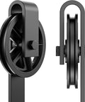 Heavy Duty Sliding Barn Door Hardware Rollers Black Two Pack Ultra Silent Pom Track Wheels Solid Build Carbon Steel Hangers close-up view
