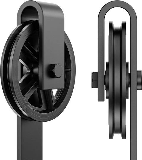 Heavy Duty Sliding Barn Door Hardware Rollers Black Two Pack Ultra Silent Pom Track Wheels Solid Build Carbon Steel Hangers close-up view