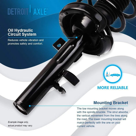 Close-up view of a strut assembly from the Front Suspension Kit For Ford Focus 2012 2013 With 2 Steering Knuckles Wheel Hub Bearings 2 Struts And Coil Springs And 2 Sway Bar End Links Replacement Suspension Assembly Heavy Duty Direct Fit.