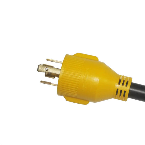 Close-up of 30 Amp RV Power Adapter Cord With 4 Prong Locking Plug NEMA L14 30P To TT 30R RV Extension For Generator To Camper 12 Inch