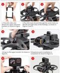 Installation steps for Avata 2 Drone Action Camera Mount Holder with GoPro Series, showing attachment and assembly process.