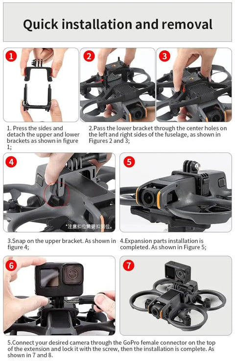 Installation steps for Avata 2 Drone Action Camera Mount Holder with GoPro Series, showing attachment and assembly process.
