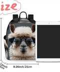 Women Mini Backpack Purse With Alpaca Print, shown with iPad for scale, lightweight polyester, casual shoulder bag.