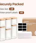 Six Pack Airtight Glass Storage Canisters With Square Lids Set For Flour Cereal Sugar Tea Coffee Beans Snacks Pantry Organization Kitchen Jars 0.7 Qt 1.2 Qt 1.6 Qt shown with labels and packaging