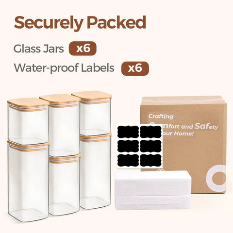 Six Pack Airtight Glass Storage Canisters With Square Lids Set For Flour Cereal Sugar Tea Coffee Beans Snacks Pantry Organization Kitchen Jars 0.7 Qt 1.2 Qt 1.6 Qt shown with labels and packaging