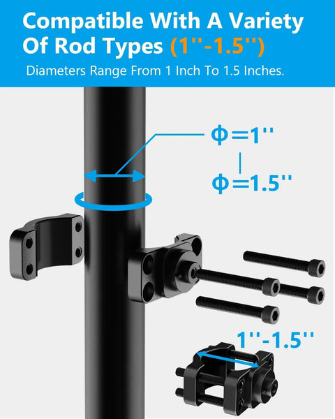 Heavy Duty Aluminum Mount For Lowrance Eagle Eye Nine Sensor shown with 1 to 1.5 inch rod compatibility details.