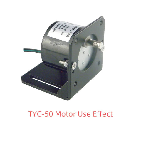 Mini gear motor with mounting bracket, gray metal housing on a black L-bracket, side view