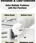 Self Adhesive Tub Repair Patch Kit For Cracks And Holes DIY Friendly Waterproof PVC Wall Patch Roll White Bathroom Fix For Tub And Shower Walls Easy Adhesive Patch Durable Tub Wall Repair shown with applications for siding, bathtub, pipe, and washbasin repairs.