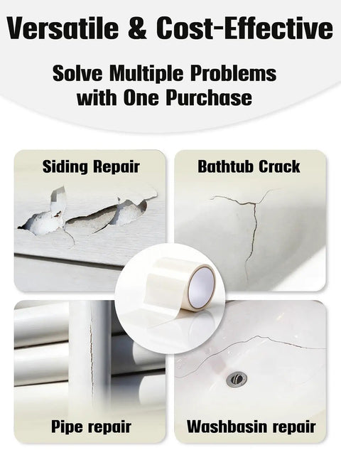 Self Adhesive Tub Repair Patch Kit For Cracks And Holes DIY Friendly Waterproof PVC Wall Patch Roll White Bathroom Fix For Tub And Shower Walls Easy Adhesive Patch Durable Tub Wall Repair shown with applications for siding, bathtub, pipe, and washbasin repairs.