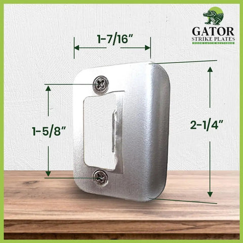 Door Strike Plate With Screws Satin Nickel 2 1/4 by 1 3/4 Universal Latch Restorer Alloy Steel Lock Hardware For Interior And Exterior Doors Replacement Latch Plate 1 Pack Easy DIY Install Quick Fix For Doors That Will Not Stay Latched, shown with measurements on a wooden surface