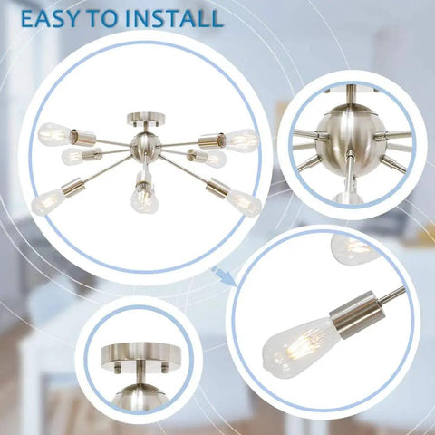 Ultra Sleek 8 Light Sputnik Chandelier In Brushed Nickel Semi Flush Mount Ceiling Light detailed view