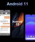 Android 11 showcased on three smartphone screens with messaging and calendar features.