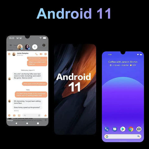 Android 11 showcased on three smartphone screens with messaging and calendar features.