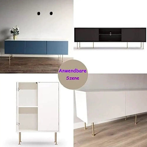 Four Pack Adjustable Solid Brass Furniture Legs For Sofa, Cabinet, Coffee Table, TV Stand, Bathroom Cabinet And More - Gold Finish 250mm 9.84in Heavy Duty Metal Sofa Support Legs used in modern cabinets and stands.