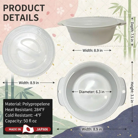 Microwave Ramen Cooker Bowl 50 Oz Capacity No Pot Needed With Lid Easy Noodles Maker Cook Ramen And Vegetables In Minutes Made In Japan Dishwasher Safe BPA Free, light gray color, product dimensions and labels visible, made in Japan.