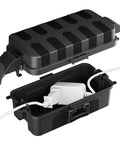 IP55 Weatherproof Outdoor Electrical Box With Detachable Awning Covers, Rugged Cord Cover, black, showing open with plug inside