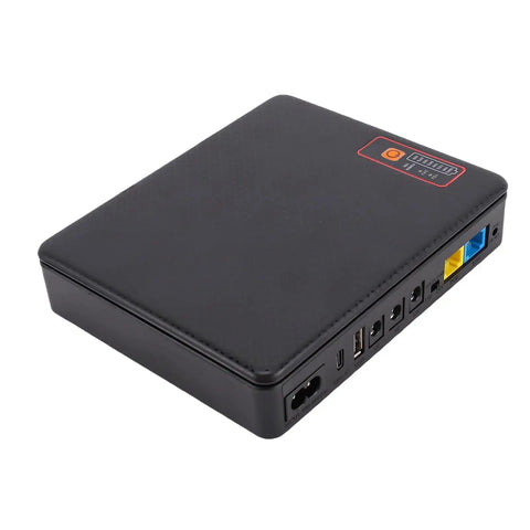 Mini Ups Battery Backup 20800mAh Us Plug Power Supply for Routers and Modems showing ports and connections.