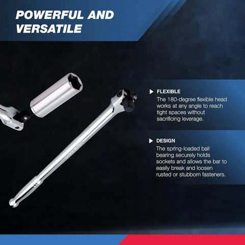 Heavy Duty 1/2 Inch Drive Extension Breaker Bar With 18 Inch Extended Handle Drop Forged Crv Steel showing flexible head for tight spaces.