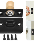 Stainless Steel Ball Door Catch Set With Adjustable Spring Tension For Interior Doors No Fuss Install shown with screws and installed view.