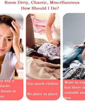 Image depicting cluttered rooms with stressed individuals unable to organize clothes, questioning storage solutions.