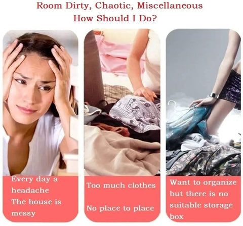 Image showing disorganized room with stressed individuals discussing clutter solutions for clothes and storage.
