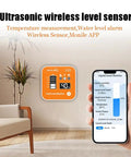 Smart WiFi Water Level Sensor For Tanks And Oil Tanks, Ultrasonic Tank Gauge displayed with mobile app in home setting.