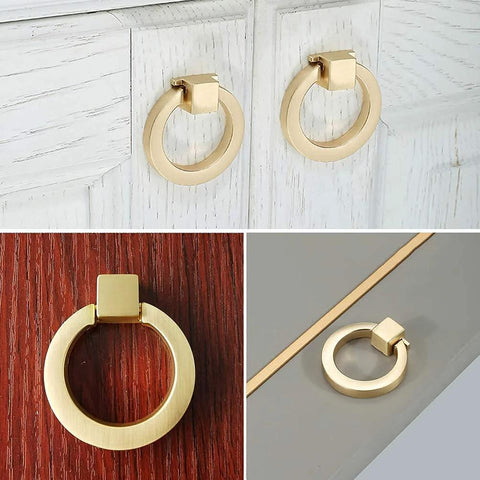 6 Pcs Brushed Brass Cabinet Ring Pulls Set In Zinc Alloy With Durable Single Hole Design Includes 22mm And 40mm Screws Installed on Cabinets