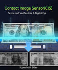 Close-up of a contact image sensor scanning a $100 bill with Mixed Denomination Money Counter With Bank Grade CIS UV MG IR Counterfeit Detector Touch Screen Printer Compatible Fast Cash Count Without Sorting Accurate Note Count And Total Value For Your Biz.
