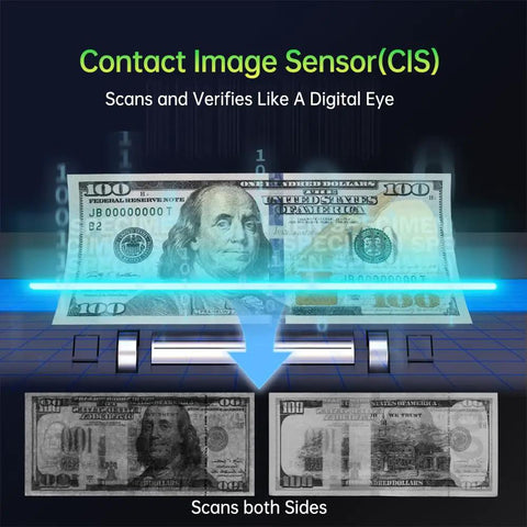 Close-up of a contact image sensor scanning a $100 bill with Mixed Denomination Money Counter With Bank Grade CIS UV MG IR Counterfeit Detector Touch Screen Printer Compatible Fast Cash Count Without Sorting Accurate Note Count And Total Value For Your Biz.