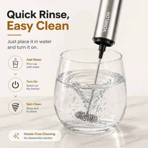 Rechargeable Milk Frother With Stand Electric Whisk Foam Maker USB C Two Speed Handheld Drink Mixer For Coffee Latte Cappuccino Matcha Drinks Silver Finish shown in water-filled glass for easy cleaning.