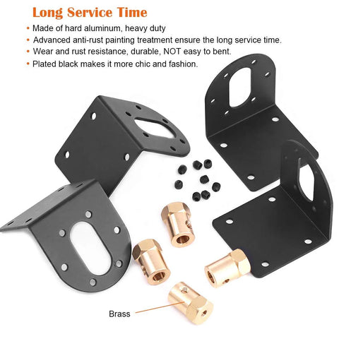Rustark 4-pack black motor mounting brackets for 37mm DC gear motors with brass 6mm hex couplings and screws.