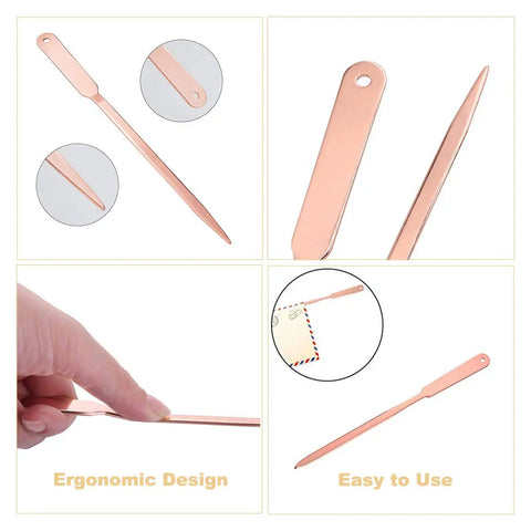 Rose Gold Desk Accessories Set With Scissors Staple Remover And Two Letter Openers For Home Office Vibe showing letter opener details.