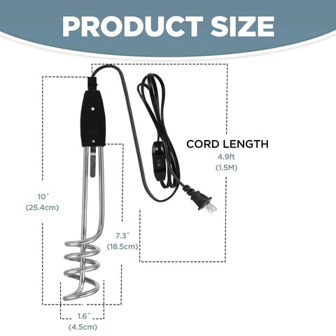 Portable Immersion Water Heater 1000W 110V With On Off Switch For Travel Buckets 10 Inch Submersible Coil Boiler 5 Gallon