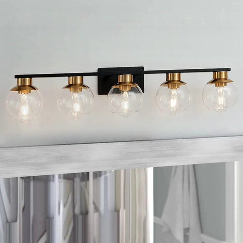 Black Gold 5 Light Vanity Light Fixture With Globe Glass Shades Over Mirror Wall Sconce E26 Base Mid Century Modern Design