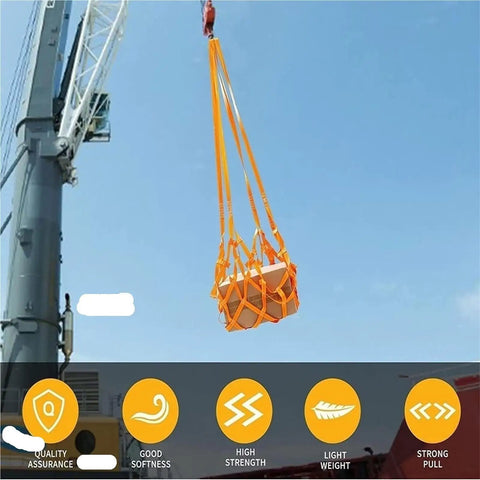 Top Shelf Quality Heavy Duty Cargo Lifting Net For Smooth Freight Hauling And Heavy Gear Moves Built Tough lifting a crate against blue sky.
