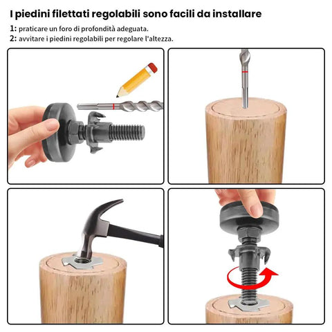 Installation guide for Rock Solid 12 Pack Adjustable Furniture Leveling Feet With 5/16-18 Inch Threads on wooden furniture.