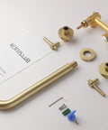 Wall Mount Tub Filler With Two Handles Bathtub Faucet, Extra Long 11 Inch Spout Reach, Brass Rough In Valve Included, parts laid out