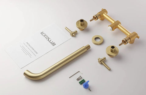 Wall Mount Tub Filler With Two Handles Bathtub Faucet, Extra Long 11 Inch Spout Reach, Brass Rough In Valve Included, parts laid out