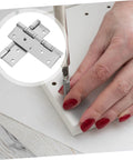Two-piece stainless steel door hinges with ball bearings; close-up installation scene.