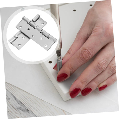 Two-piece stainless steel door hinges with ball bearings; close-up installation scene.
