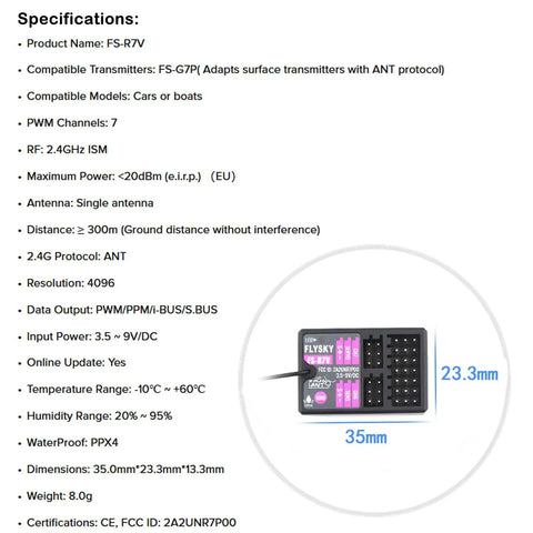 Flysky FS-R7V Receiver 2.4GHz 7CH ANT Protocol Two Way RC Receiver specifications and dimensions for cars and boats