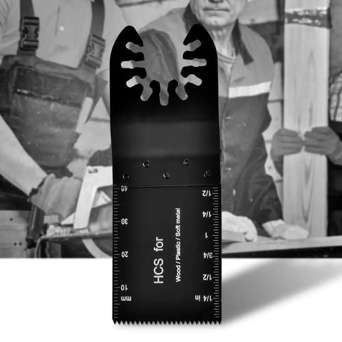 Close-up of 10-Piece Oscillating Saw Blade Set With 32mm Depth Markers for wood, plastic, soft metal cutting with universal fit interface.
