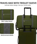 Go-To Foldable Travel Duffel Tote Bag in military green with trolley sleeve on suitcase, showing reinforcement details.