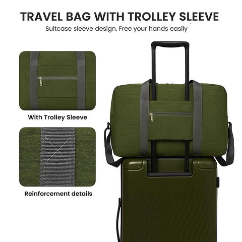 Go-To Foldable Travel Duffel Tote Bag in military green with trolley sleeve on suitcase, showing reinforcement details.