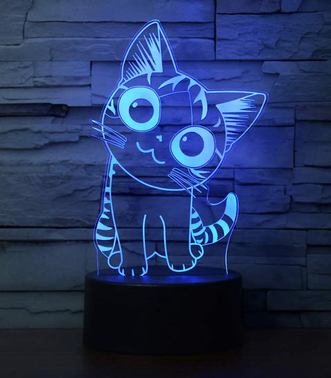 Cat Night Light 3D Illusion Lamp With Seven Color Auto Change And Touch Control Bedside Table Lamp glowing in blue