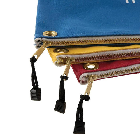Large 16-Inch Canvas Tool Pouches 3-Pack with Brass Zippers and Hanging Grommets for Easy Tool Storage, close-up of zippers