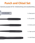 Sixteen Piece Pro Grade Chrome Vanadium Steel Punch And Chisel Set With Storage Pouch For Woodworking Includes Cold Chisels Pin Punch Center Punch And Gauge Heat Treated For Comfort And Precision At Every Hit displayed with chisel punch gauge and various punches and chisels.