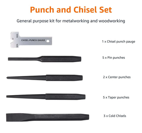 Sixteen Piece Pro Grade Chrome Vanadium Steel Punch And Chisel Set With Storage Pouch For Woodworking Includes Cold Chisels Pin Punch Center Punch And Gauge Heat Treated For Comfort And Precision At Every Hit displayed with chisel punch gauge and various punches and chisels.